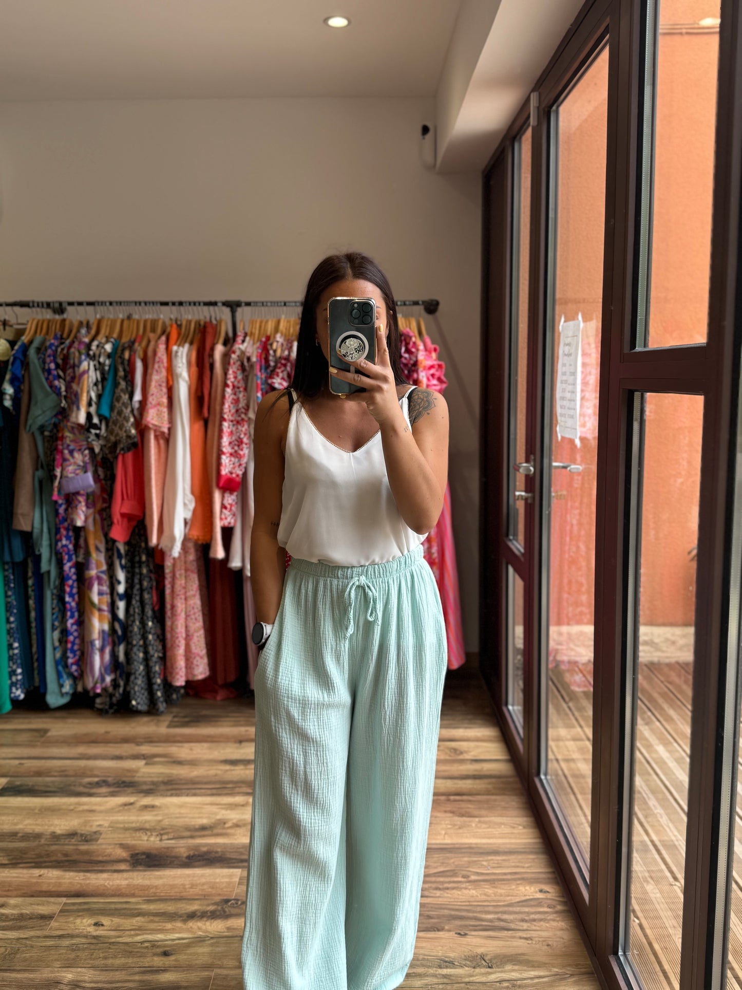 Pantalon gaze de coton turquoise