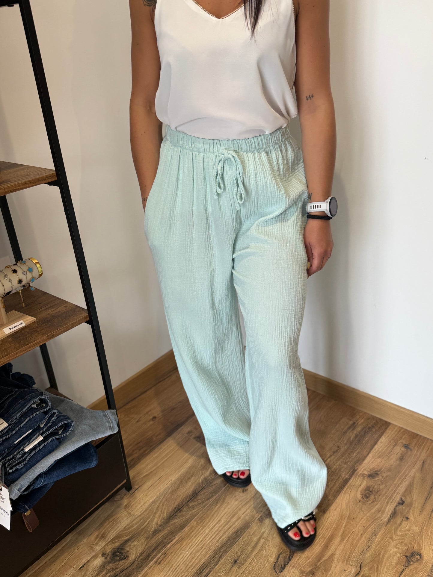 Pantalon gaze de coton turquoise