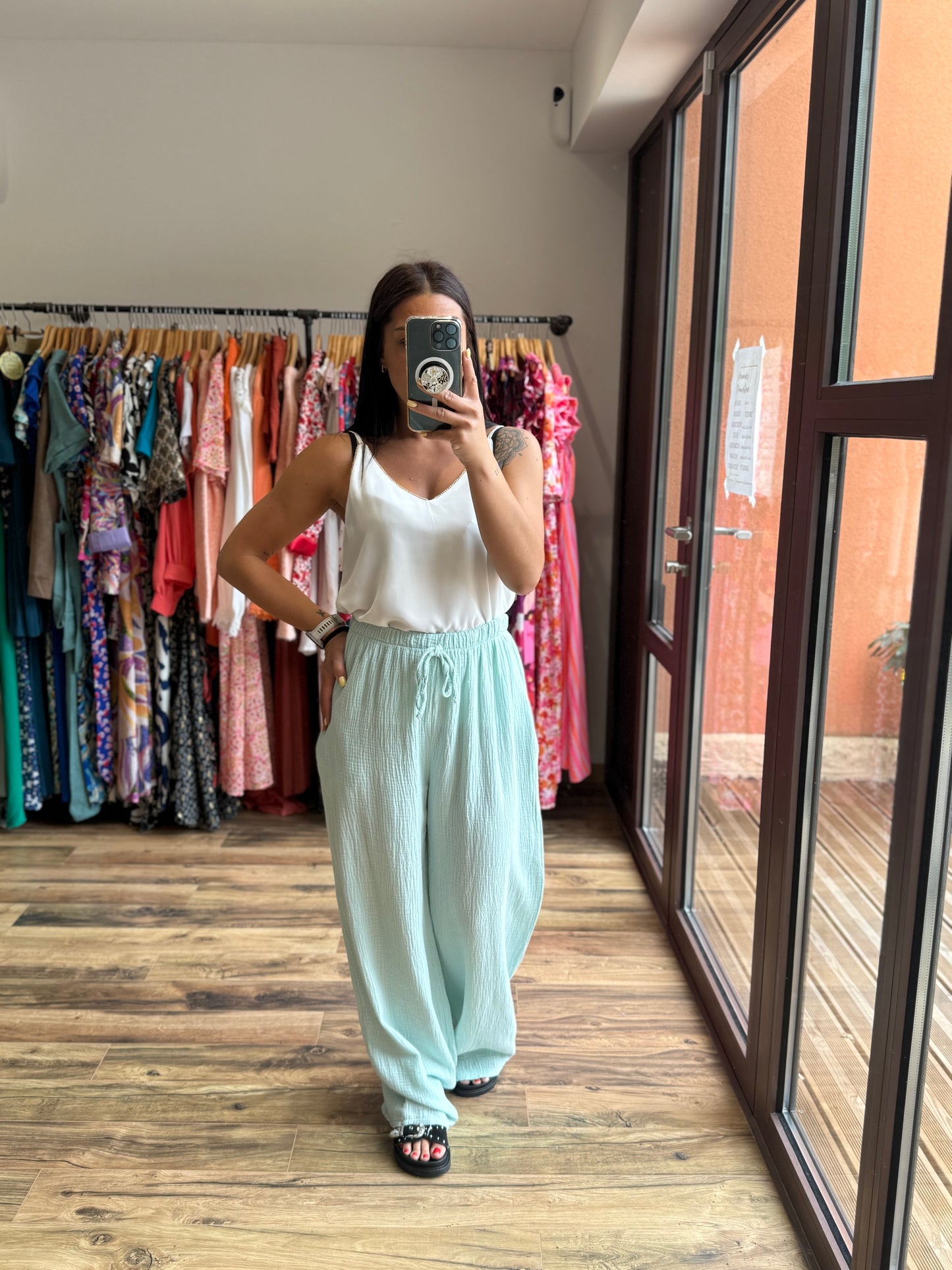 Pantalon gaze de coton turquoise