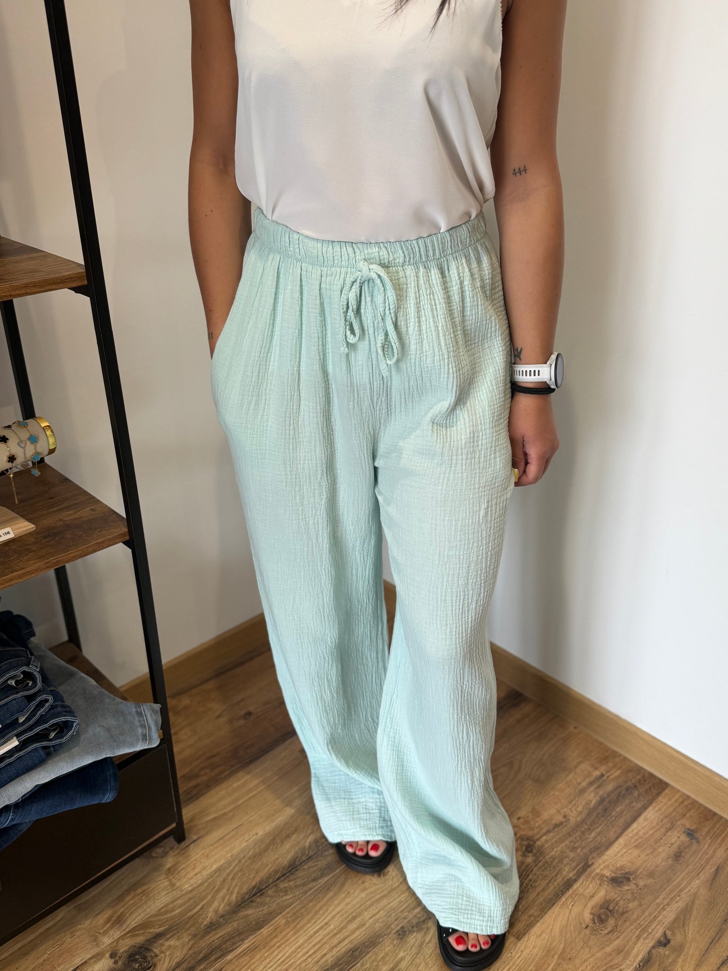 Pantalon gaze de coton turquoise