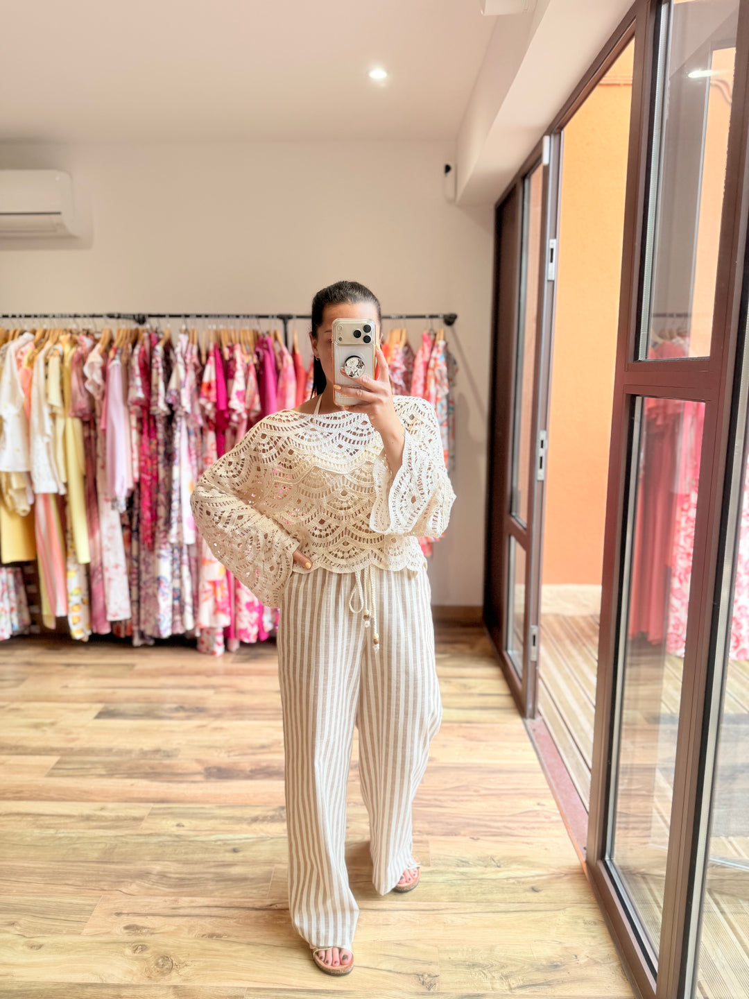 Pantalon rayé taupe lin/ coton