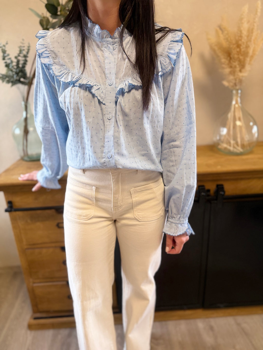 Chemise Linette bleu ciel femme blouse à volants