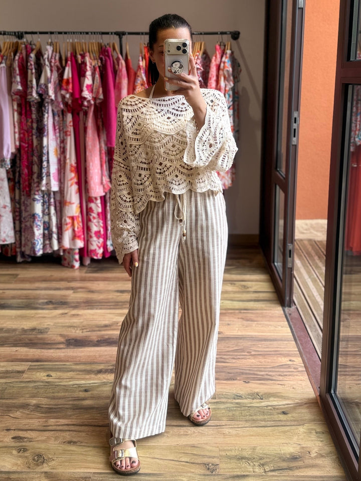 Pantalon rayé taupe lin/ coton