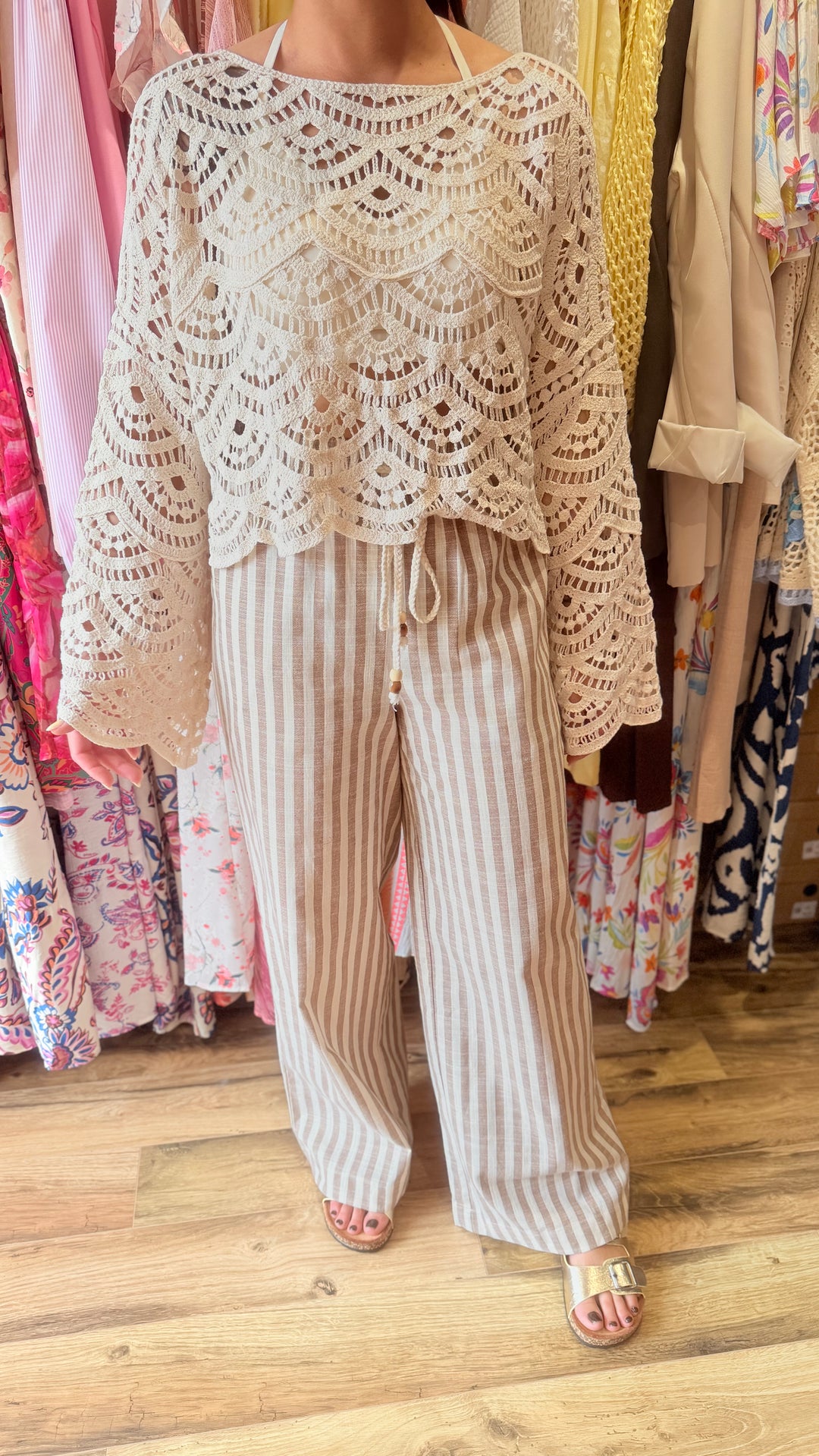 Pantalon rayé taupe lin/ coton