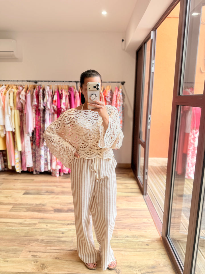 Pantalon rayé taupe lin/ coton