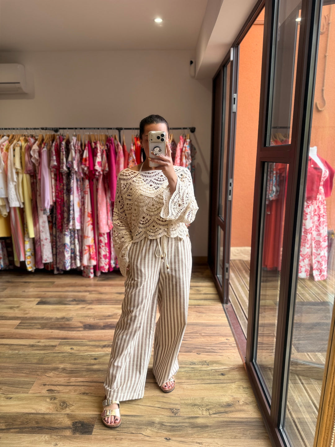 Pantalon rayé taupe lin/ coton