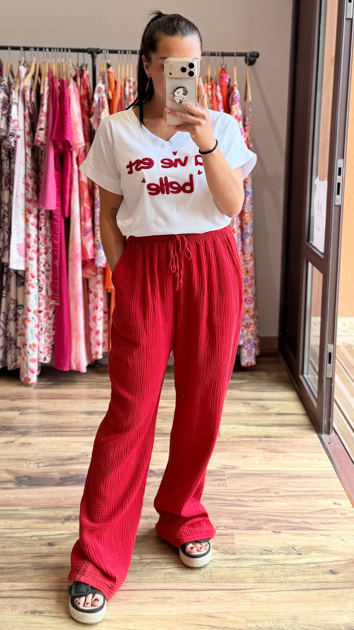 Pantalon gaze de coton rouge