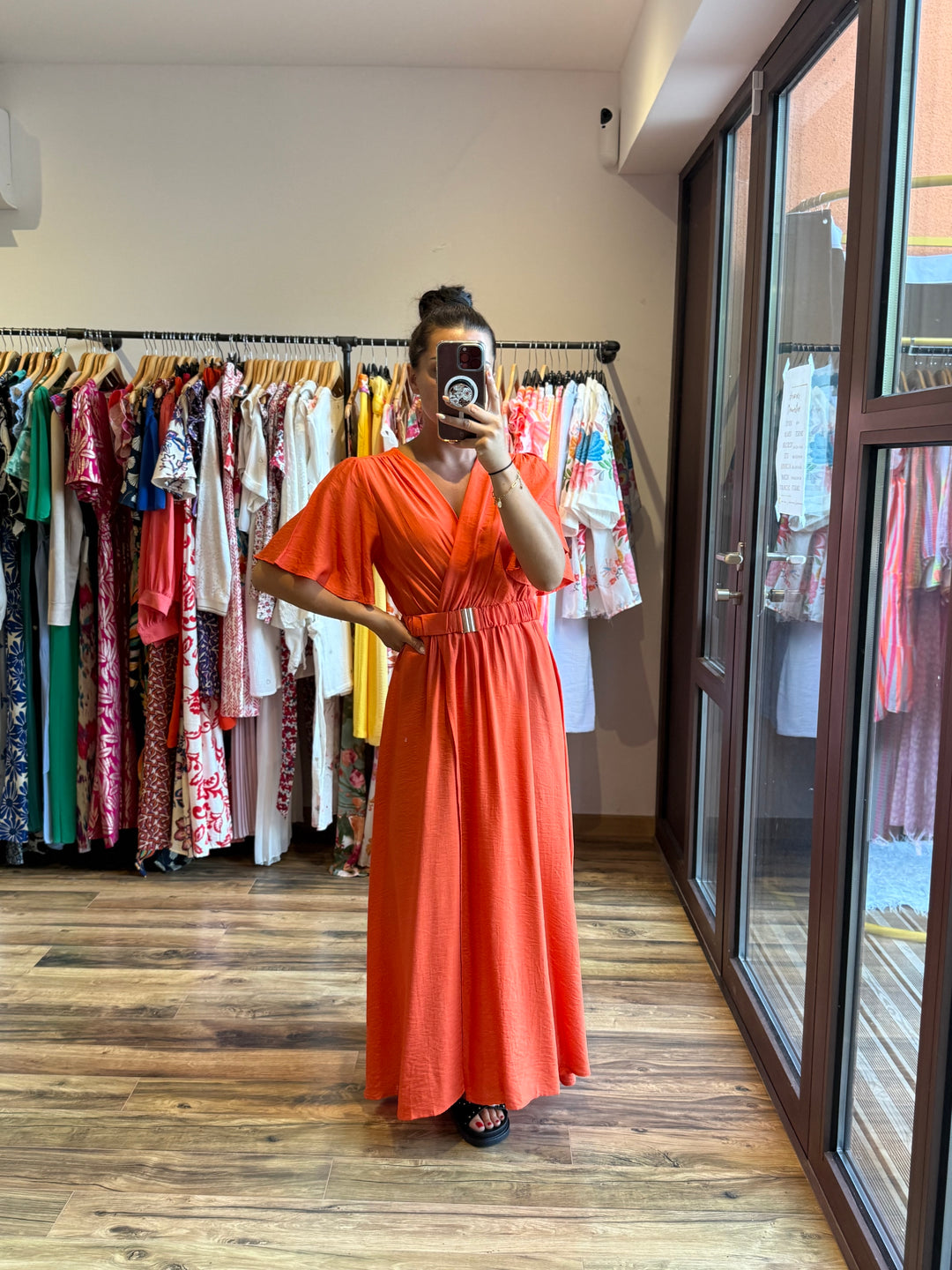 uniqlo orange dress UNIQLO :C Red Gathered Open Back Flutter Sleeve Linen Blend Midi Dress -Medium